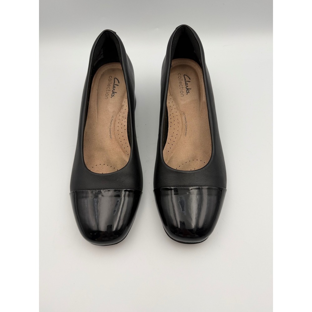 Clarks Collection Black Cap Toe Block Heel Pumps Ultimate Comfort Shoes
